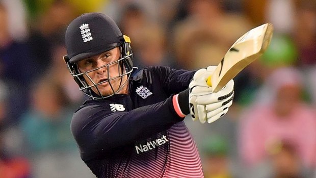 Big hit: England's Jason Roy on his way to a match-winning 180 in Melbourne.