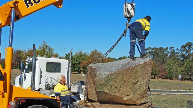 A giant Moruya granite rock with 'wow' factor is delivered to the National Rock Garden.