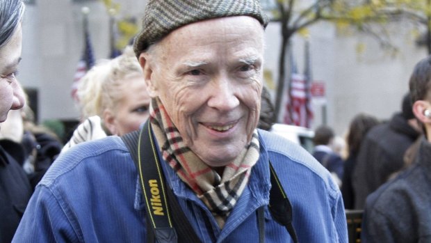 Bill Cunningham waits for the arrival of the annual Rockefeller Center Christmas tree in 2010. 