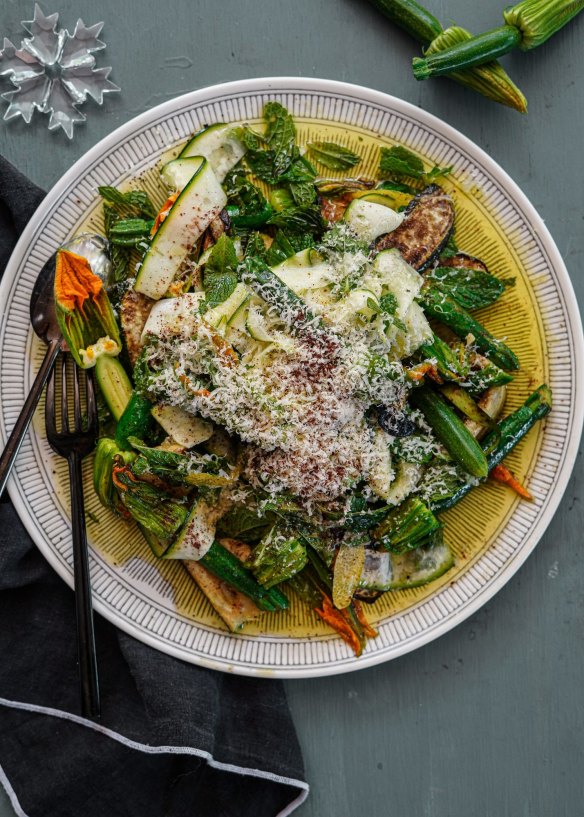 Zucchini showered with pecorino cheese and sumac.