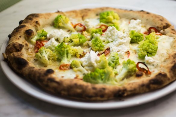 Romanesco, chilli and ricotta pizza.