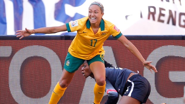 Kyah Simon celebrates after her second goal against Nigeria in Winnipeg on Friday.