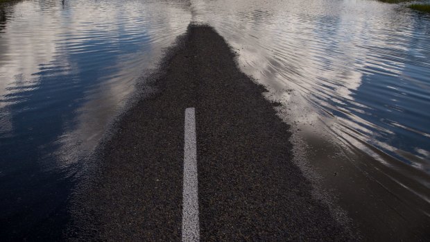 A flooded Newell Highway between Forbes and West Wyalong in September.