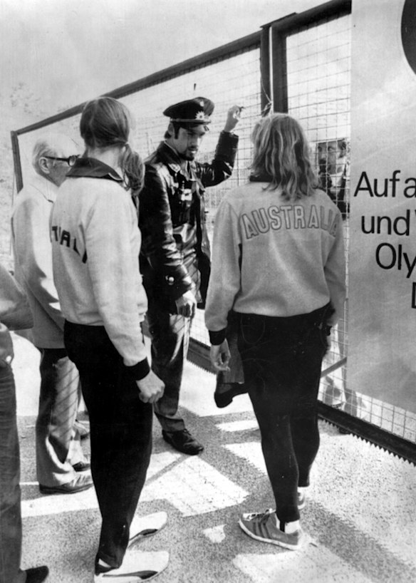 Australian athletes Jenny Orr (left) and Judy Pollock (right) are refused entry into the Olympic village after police had cordoned off the village.