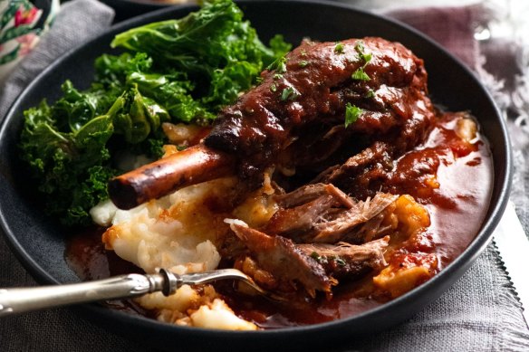 Lamb shanks in red wine sauce.