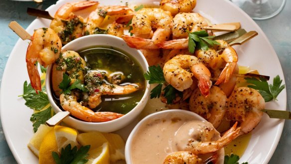 Barbecue prawns with two brilliant sauces.