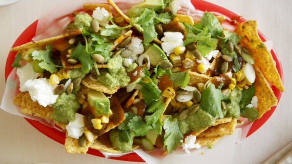 Frank Camorra's vego-friendly nachos with corn, feta and fresh herbs. 