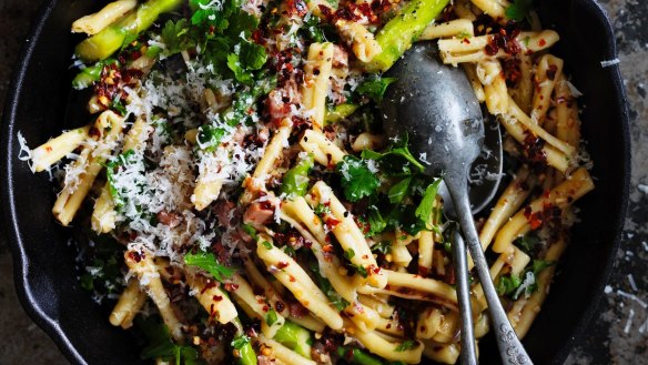 Casarecce pasta with asparagus, chilli, garlic and pancetta.