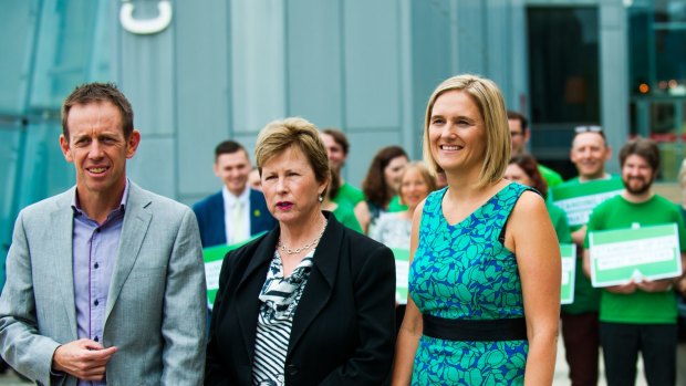 Greens MLA Shane Rattenbury,  former leader of the Australian Greens Christine Milne, ACT Senate candidate Christina Hobbs in Civic with supporters. 