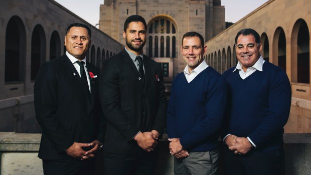 New Zealand and Australian coaches and captains ahead of the Anzac Test in Canberra, from left,  David Kidwell, Jesse Bromwich, Cameron Smith and Mal Meninga.