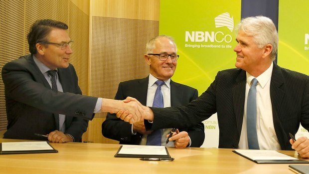 Telstra's David Thodey, Communications Minister Malcolm Turnbull, and NBN's Bill Morrow.