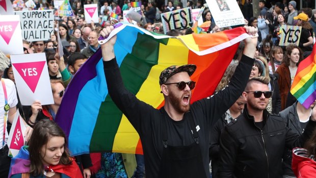 Same-sex marriage supporters rally in Melbourne.