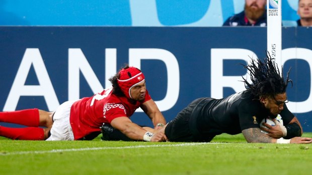 Ma'a Nonu of the All Blacks scores their seventh try.