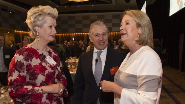 Korn Ferry  executive chairman, Australasia Katie Lahey, Telstra chief executive Andy Penn and Sex Discrimination Commissioner Elizabeth Broderick at the Male Champions of Change Business Forum on Tuesday.