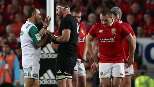 About-turn: Kieran Read remonstrates with referee Romain Poite after he awards a scrum rather than a penalty in the last minute of the third Test.