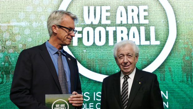 David Gallop and Frank Lowy at the launch of the Whole of Football plan.