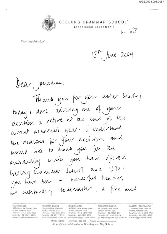 Part of the letter by then Geelong principal Nicholas Sampson to Jonathan Harvey in 2004.