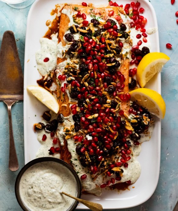 Barbecued salmon scattered with festive "tapenade".