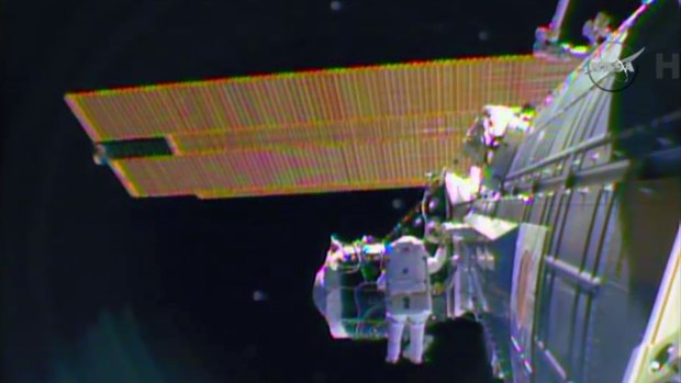 A sense of urgency: astronaut Barry "Butch" Wilmore on a spacewalk outside the International Space Station in preparation for the arrival in July of the international docking port for the Boeing and SpaceX commercial crew vehicles. 