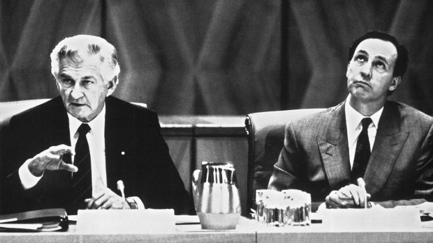 Bob Hawke and Paul Keating attending the premiers' conference on May 31, 1991, about six months before Keating took over. 