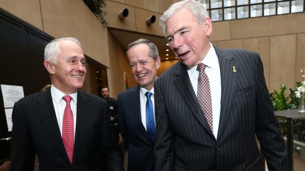 Mr Turnbull and Mr Shorten with RSL  National President Rear-Admiral Ken Doolan during the RSL's Centenary conference in Melbourne.
