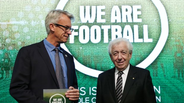 Wide focus: David Gallop and Frank Lowy at the launch of the Whole of Football plan in 2015.