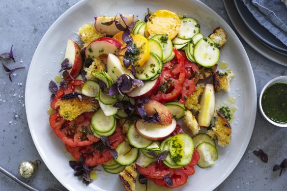 Danielle Alvarez's tomato, nectarine and zucchini panzanella-ish salad.
