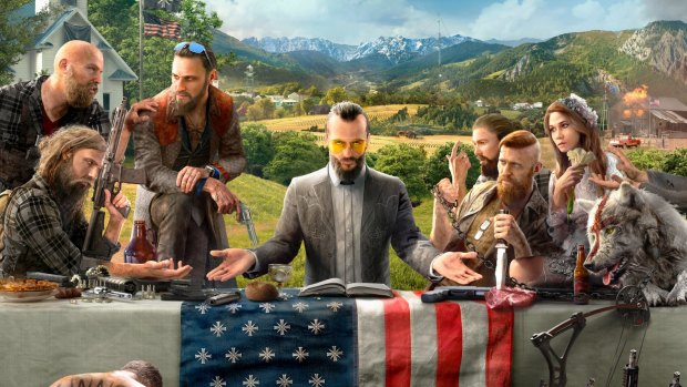 Father Joseph Seed and his fellow cultists as they appeared on the initial Far Cry 5 reveal poster.