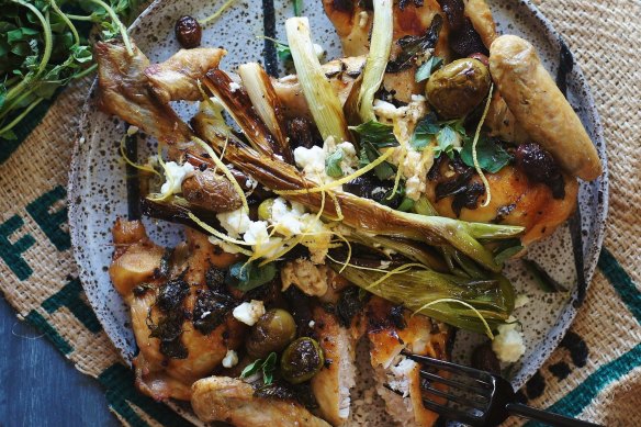 Greek-ish roast chicken dolloped with warm feta dressing.