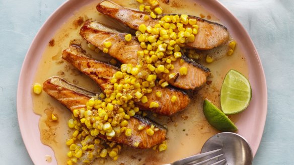 Split your salmon: try Adam Liaw's halved salmon fillets with buttered garlic corn (