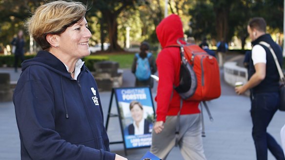 Lliberal city councillor Christine Forster campaigning to be Sydney's lord mayor. Cr Forster had previously proposed shrinking the council boundaries.