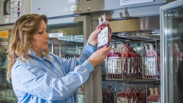 ACT Red Cross blood bank depot co-ordinator Nicole Wood checks on dwindling stores of O-negative blood. 