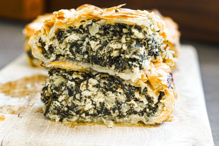 Haloumi spanakopita. Katrina Meynink's vegetarian pie recipes for Good Food June 2021. Please credit Katrina Meynink. Good Food use only.