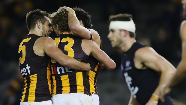 Too good: The Hawks celebrate one of many goals.