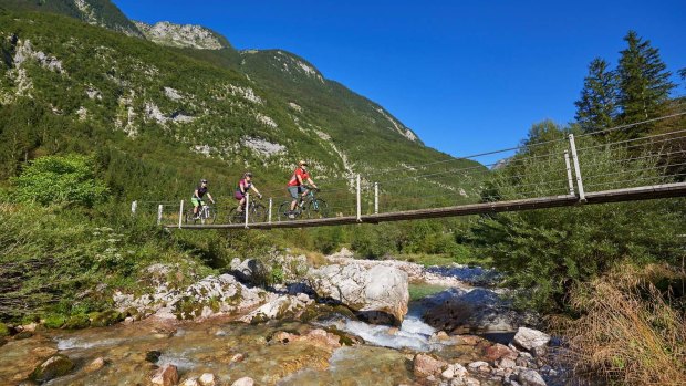 Cycling across the Soca, Slovenia. 