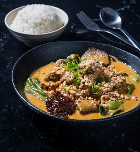 Winter warmer: Kare kare peanut butter stew with oxtail, bok choy, snake beans and eggplant at Chibog.