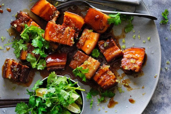 Kylie Kwong's caramelised pork belly with fresh finger limes and Sichuan pepper.