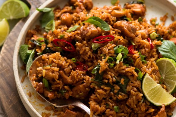 Thai red curry fried rice recipe for RecipeTin Eats Good Food online column March 2020. Good Food use only. Not for syndication. Must credit RecipeTin Eats. Image supplied by Nagi Maehashi.