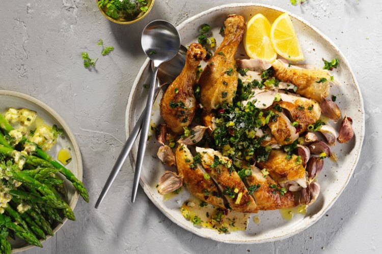 Roast chicken and garlic, lemon and parsley salad.