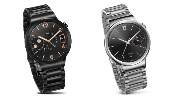 The Huawei Watch, in black and silver.