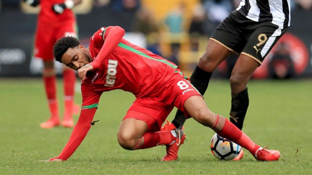 Swansea City's Leroy Fer goes down against Notts County.