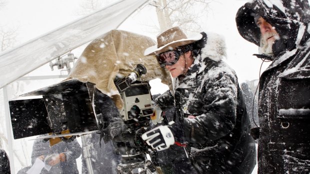 Quentin Tarantino on the snowy set of The Hateful Eight.