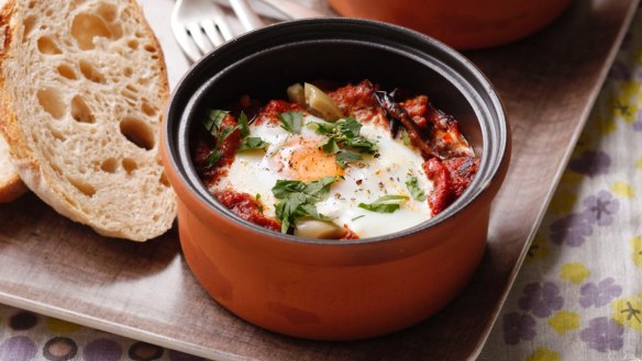 Baked eggs with tomato and chorizo.