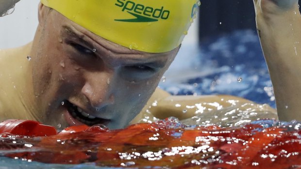 Fastest: Kyle Chalmers takes off his goggles after winning his 100m freestyle heat in Rio on Tuesday.