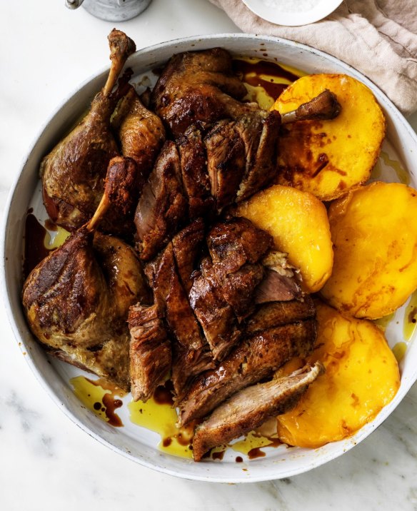 Confit duck with roasted mango cheeks.