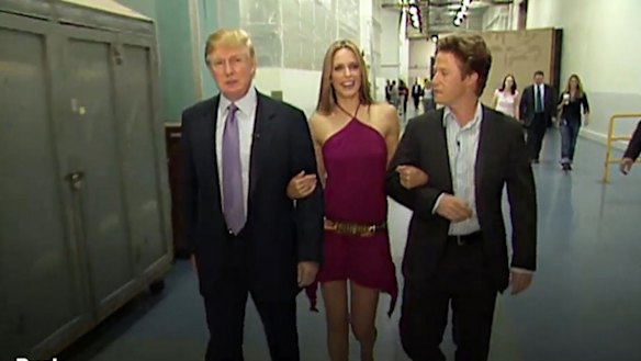 Donald Trump, actress Arianne Zucker, and host Billy Bush in the 2005 tape.