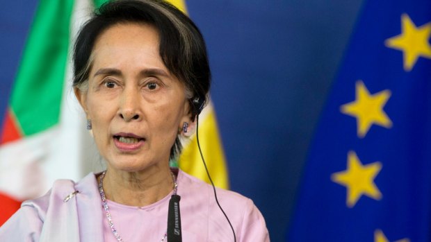 State Counsellor and Union Minister for Foreign Affairs of the Republic of the Union of Myanmar, Aung San Suu Kyi, speaks during a media conference at EU headquarters in Brussels in May.