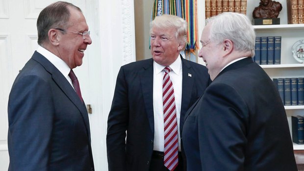 President Donald Trump meets with Russian Foreign Minister Sergey Lavrov, left, and Russian Ambassador to the US Sergey Kislyak.