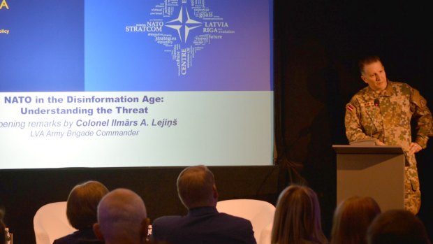 Colonel Ilmars Atis Lejins speaks at the seminar, "NATO in the Disinformation Age: Understanding the Threat".