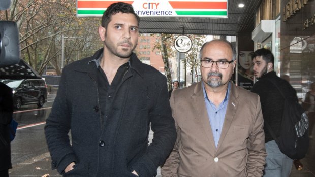 Charlie Sharobeem and step-father Haiman Hammon outside the ICAC inquiry on Wednesday. 